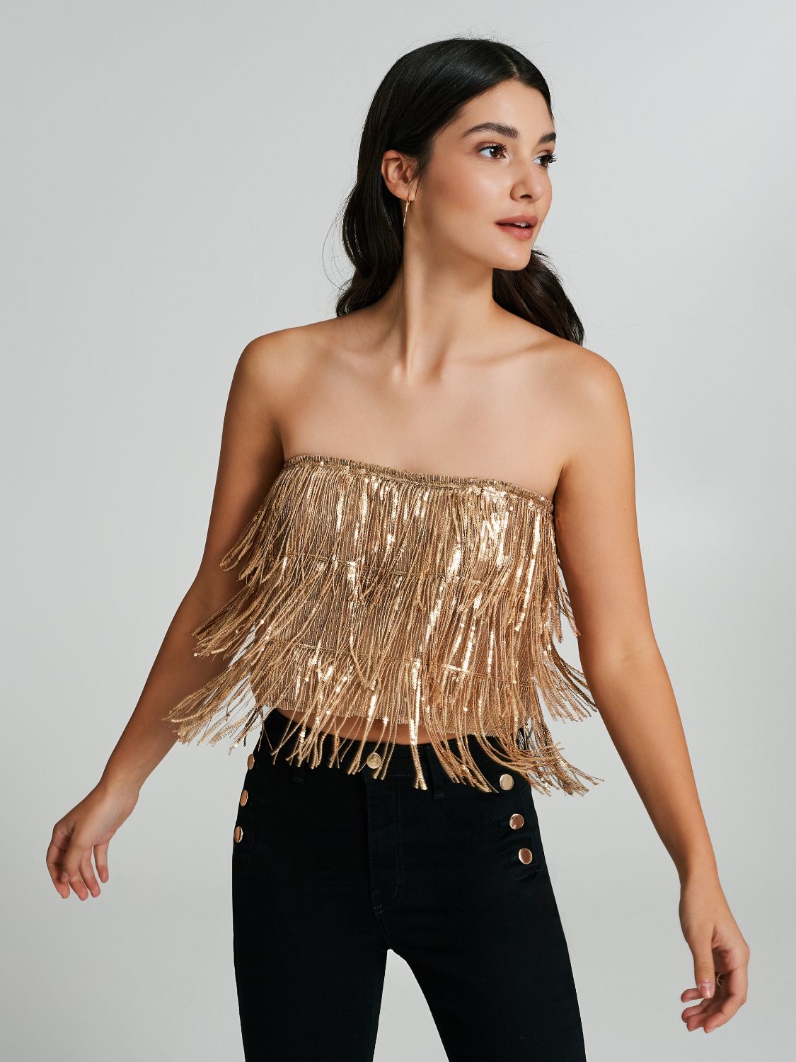 Top a fascia con paillettes e frange